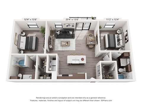 Floor plan for 2 beds, 2 baths, 1058 sqft